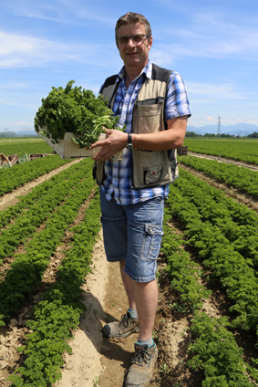 Photo du producteur Claude KELLER en Alsace, portant une botte de persil dans son champ